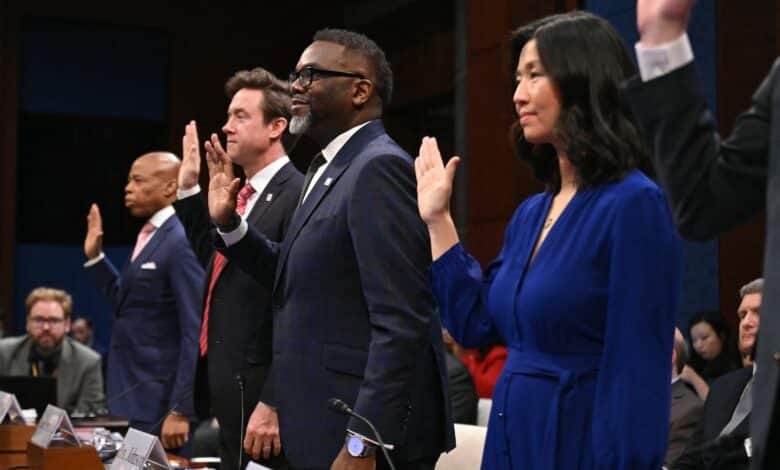 Photo: (LR) The mayor of New York, Eric Adams, the mayor of Denver Michael Johnston, the mayor of Chicago Brandon Johnson and the mayor of Boston Michelle Wu during a house committee on surveillance and the government reform audience in Washington, DC, March 5, 2025.